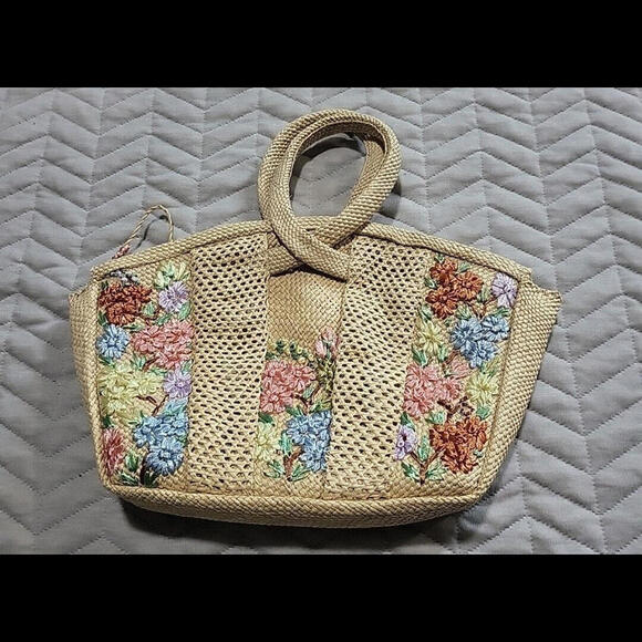 Vintage Woven Straw Raffia Purse Clutch Embroidered Flowers Handbag Boho - Picture 1 of 9